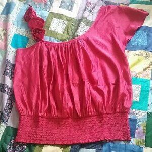 JaJa & Co One Shoulder Top 1XL Red Rosette Strap Smocked Waist Party Blouse NWT
